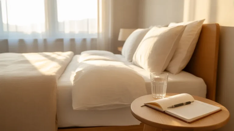 Cozy sunlit bedroom with a neatly made bed and a small bedside table holding a glass of water and open journal, symbolizing how to Make Discipline Feel Easy and gentle.