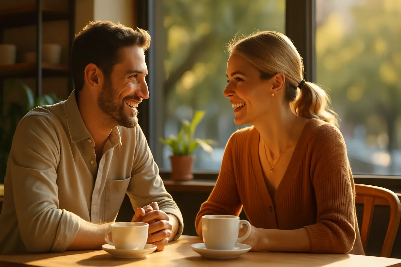 two people smiling and talking comfortably over coffee at a cozy café table in warm afternoon light