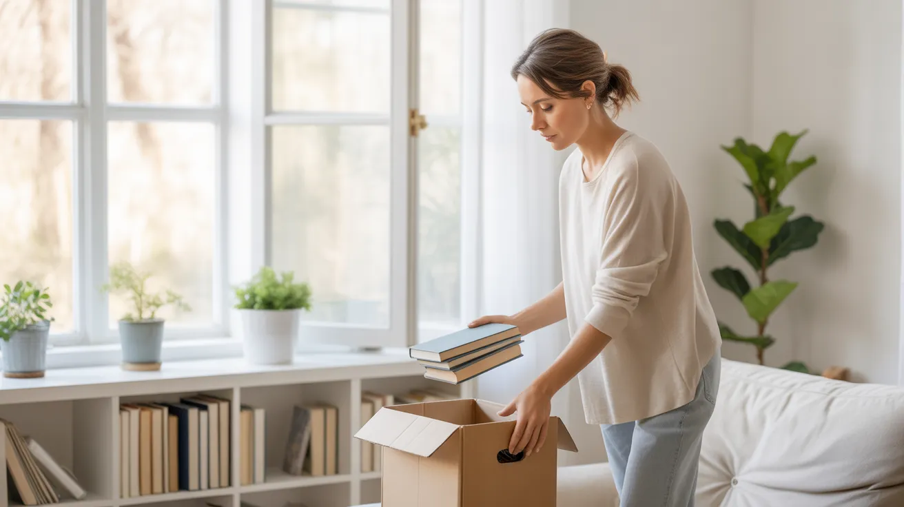 A woman placing books into a donation box in a bright, tidy living room, capturing easy things to declutter before spring for a fresher home.