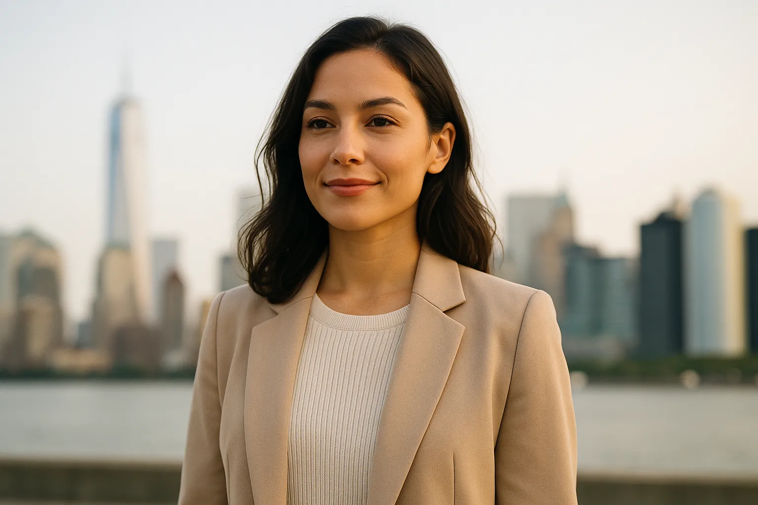 confident woman in an elegant neutral outfit standing calmly with a soft city skyline in the background, warm natural light symbolizing empowerment and peace