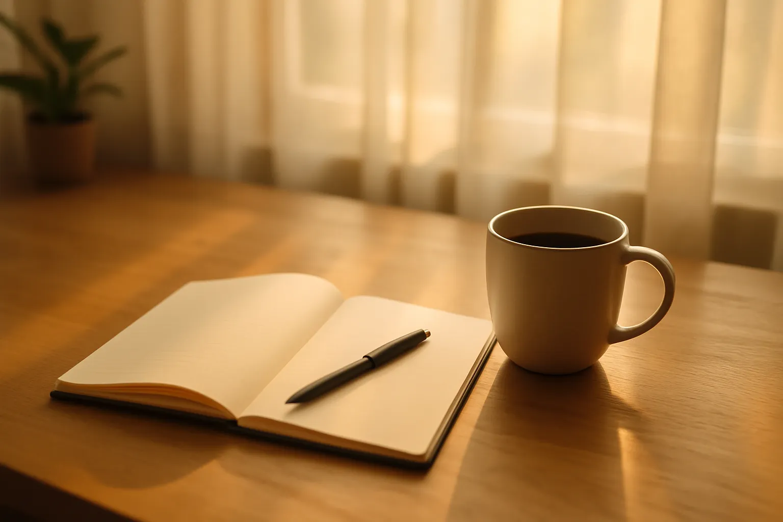 cozy minimalist morning scene with sunlight through sheer curtains, an open journal and pen beside a mug of coffee on a wooden table, calm warm tones for mindful personal growth