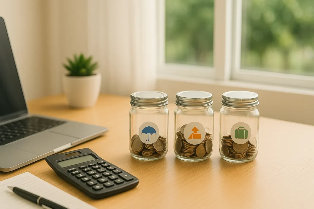 Horizontal photo of a tidy desk with a laptop, calculator, notebook, and three glass jars filled with coins, each marked with simple savings icons, near a bright window.