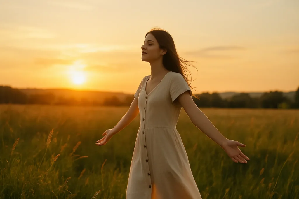 Woman walking through a sunlit field at sunset with arms open—soft smile, effortless, free.
