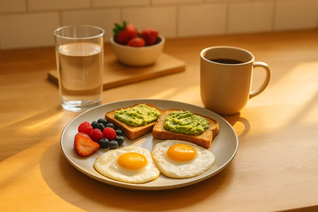 horizontal breakfast scene with avocado toast, sunny-side eggs, berries, a glass of water, and a coffee mug on a sunlit wooden counter, energizing start for healthy daily habits