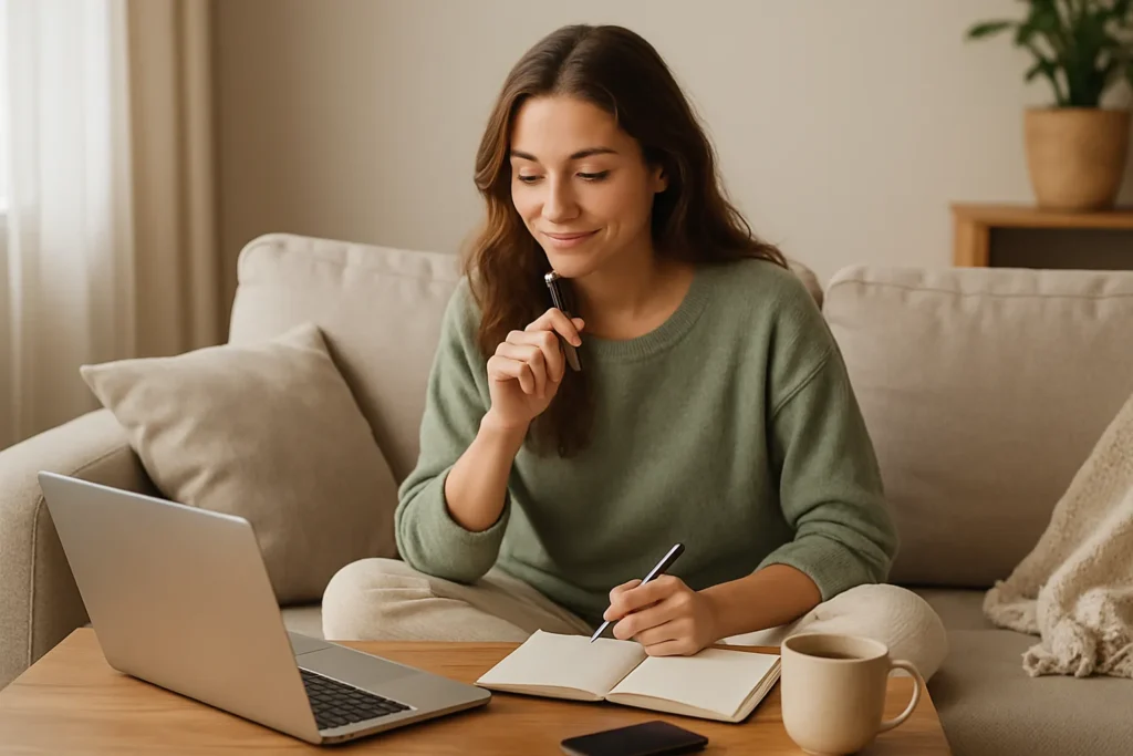 woman on a sofa with laptop and notebook, thinking through gentle tips before starting a business from home