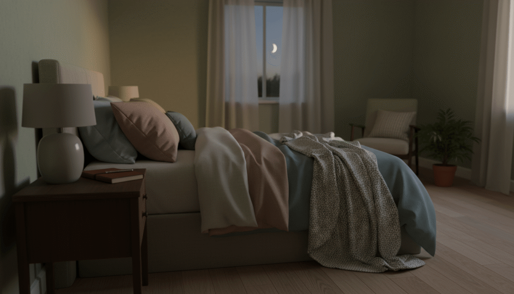 closed journal after night journal prompts next to a dim bedside lamp