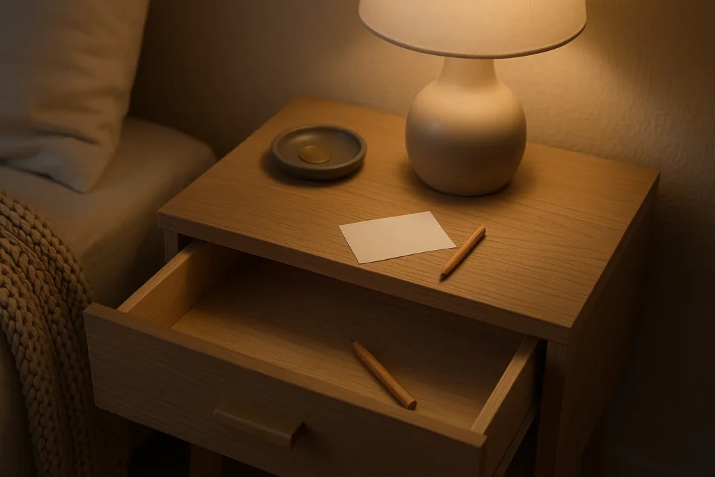 Warm bedside scene with a nightstand drawer partly open; blank card and pencil inside, lamp and small tray on top, knit blanket nearby (1600×900).
