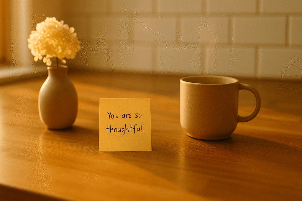 heartfelt compliment note on a kitchen counter during warm afternoon light