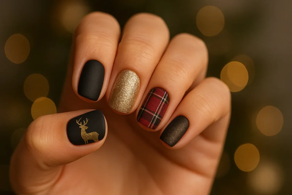 Chic black and gold winter nail design with tartan and a gold stag accent, captured for yourselflovehub.com.