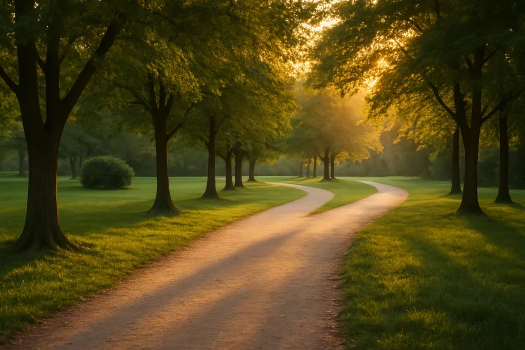 quiet tree-lined park path at golden hour with warm sunlight and long shadows, peaceful empty walkway for a grounding Sunday nature walk