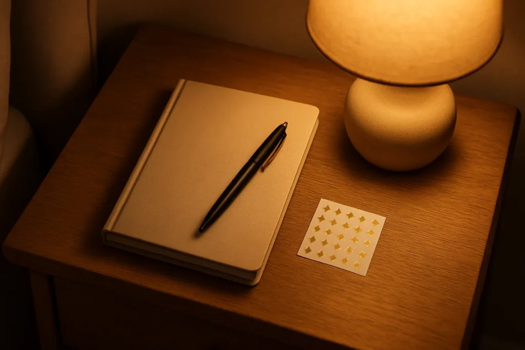 Nightstand flat-lay with a closed notebook, pen, and a tiny sheet of gold star stickers under a warm lamp (1600×900).
