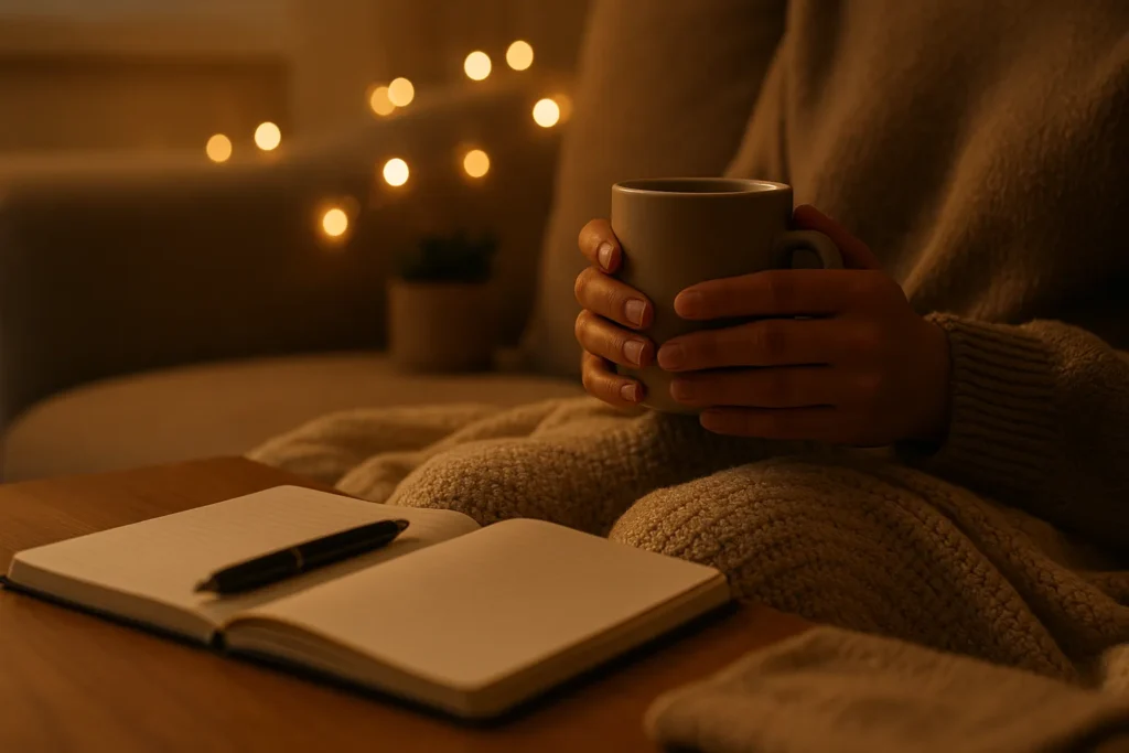 Horizontal close-up of a person wrapped in a cozy blanket, holding a warm mug on a sofa with an open journal and pen on the coffee table and soft fairy lights glowing in the background.