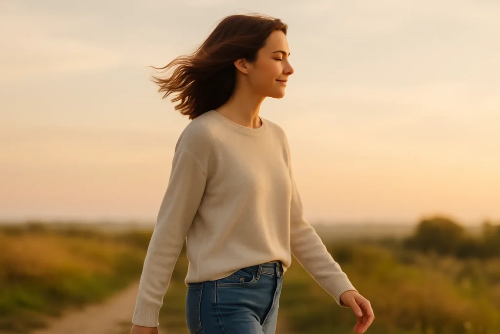 woman walking peacefully outdoors at golden hour, symbolizing personal expansion and gentle life change