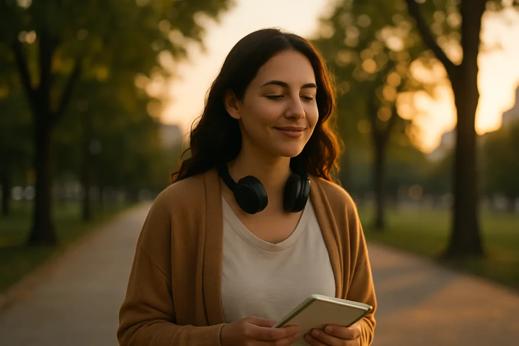 woman walking calmly through a park at sunset with headphones around her neck and a soft smile, representing quiet steady personal growth