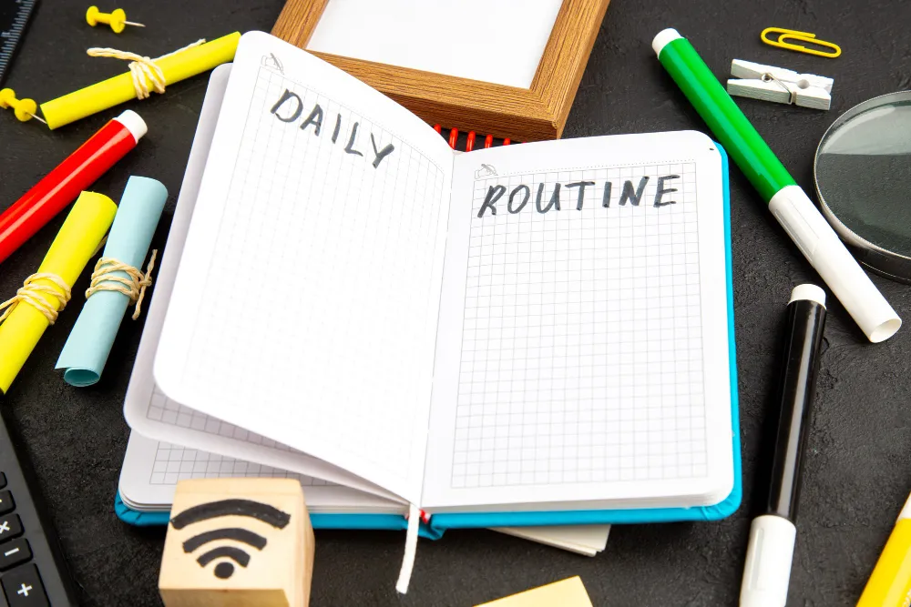 open notebook labeled daily routine surrounded by colorful pens and stationery, illustrating that girl habits and simple daily rituals