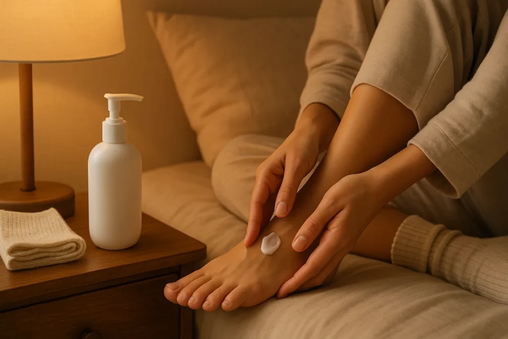 Person applying thick cream to their heel on a bed, lotion pump and cozy socks on the nightstand.
