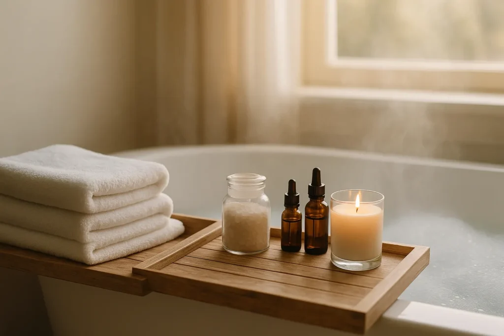 horizontal spa scene with folded towels, bath salts, amber essential oil bottles, and a lit candle on a wooden bath tray over a steaming tub in soft natural light