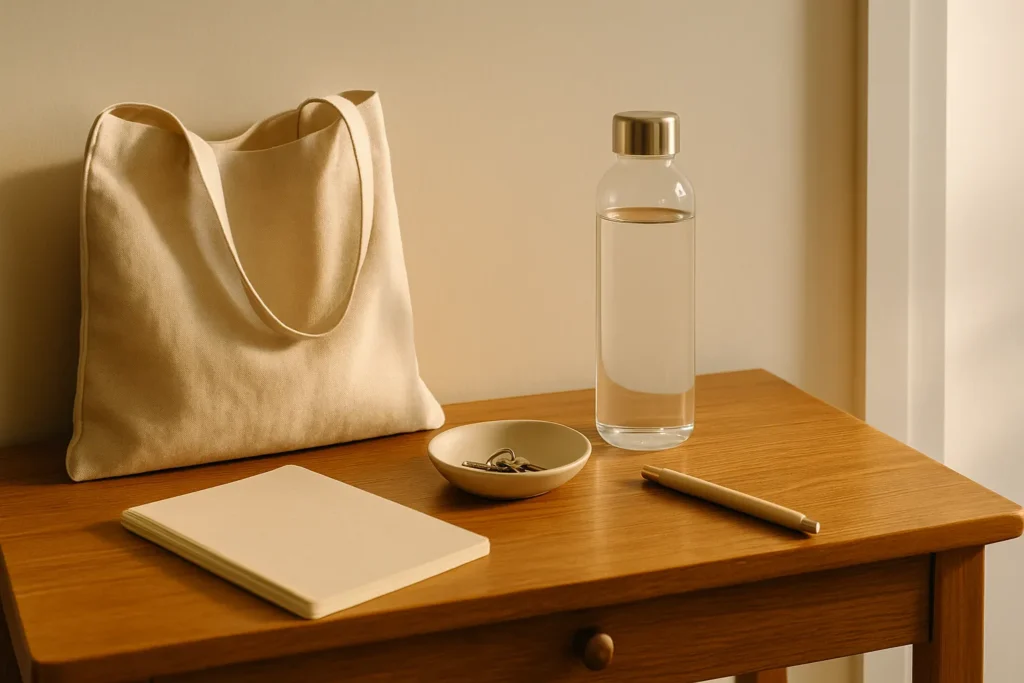 Entry table with a canvas tote, keys in a dish, and a filled water bottle in soft morning light (1600×900).
