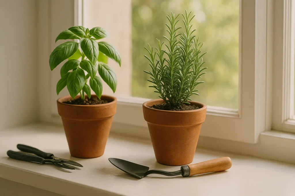 Small pots of basil and rosemary on a sunny windowsill.
