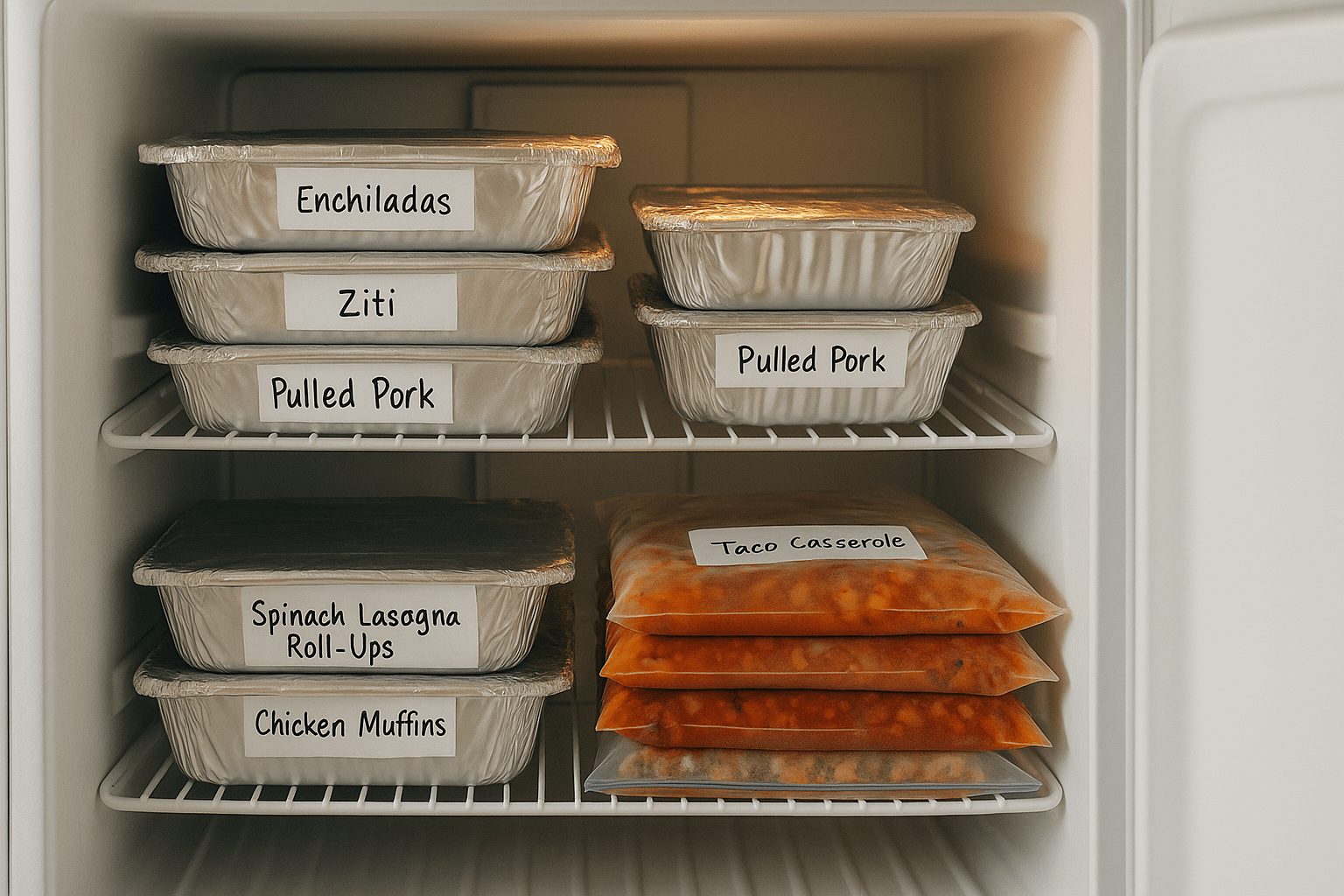organized home freezer with labeled make-ahead dinners—foil pans and flat freezer bags stacked neatly for busy school nights