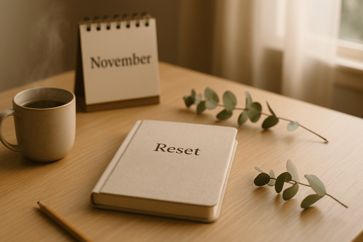 calm November desk scene introducing a simple November reset