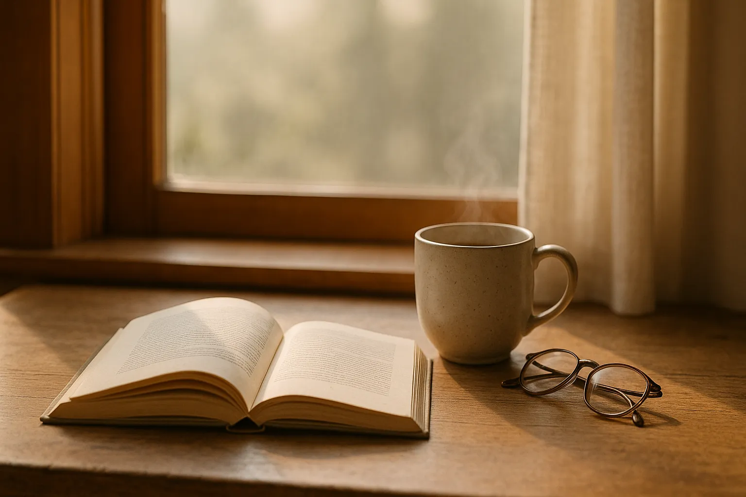 open book and steaming tea on a wooden table by a window with reading glasses in soft morning light, calm neutral scene