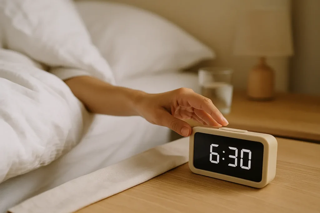 hand reaching from bed to hit snooze on a digital alarm clock at 6 30 am, symbolizing the habit of hitting snooze over and over again in the morning