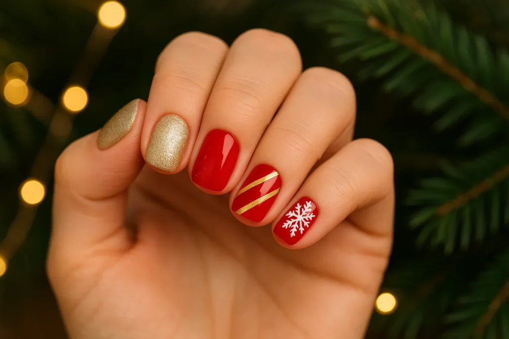 Bold red and gold Christmas nails for short nails with festive patterns.