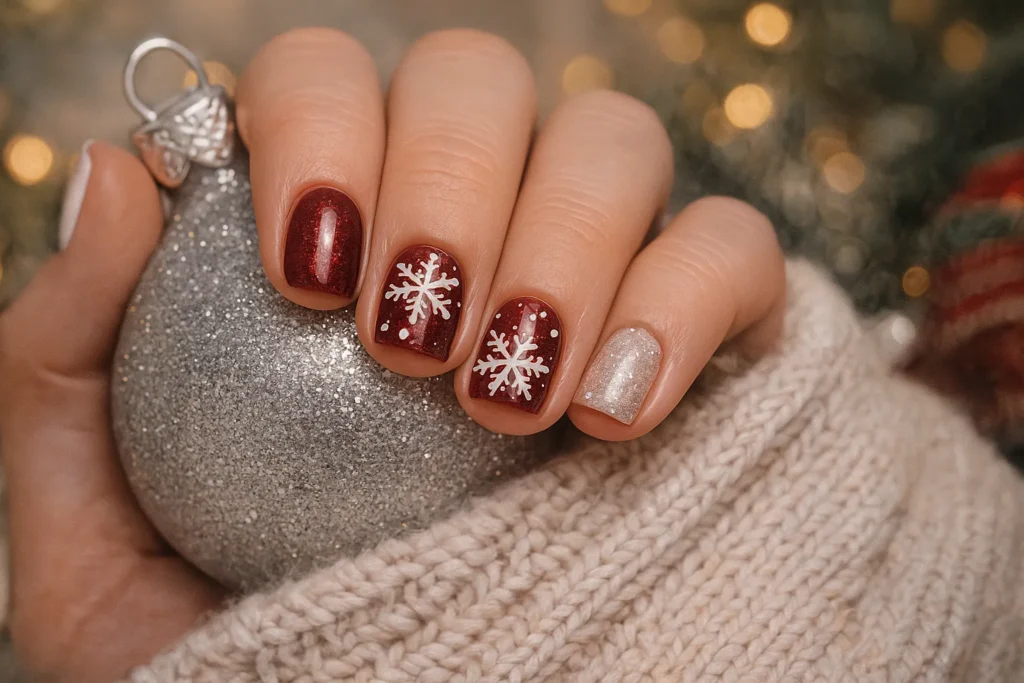Deep red and snowflake holiday nail design created for yourselflovehub.com.