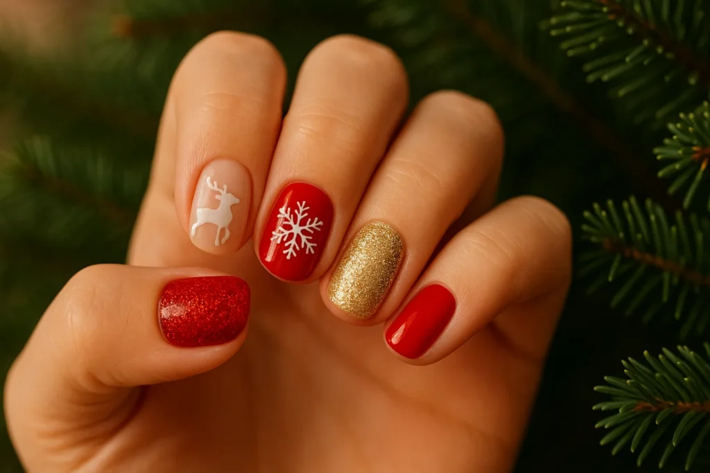 Playful mixed holiday nail art on short nails created for yourselflovehub.com.