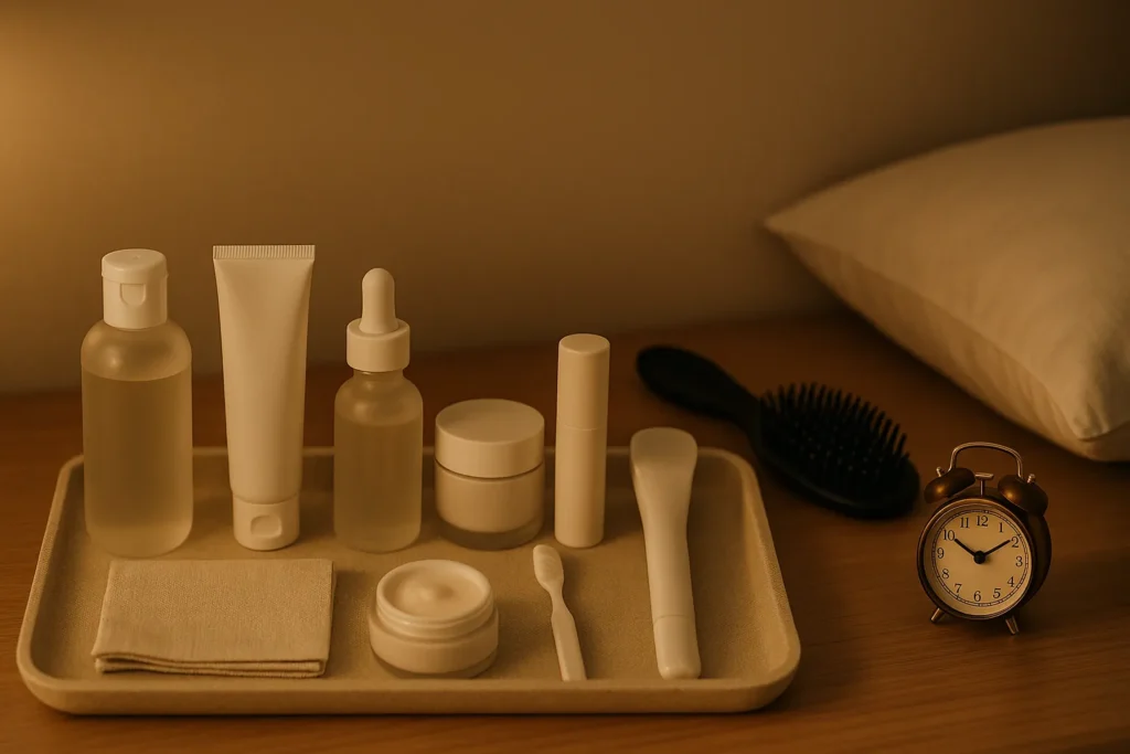 Neatly ordered night routine on a tray—remover, cleanser, essence, serum, cream, eye/lip, with hairbrush and bedside clock.
