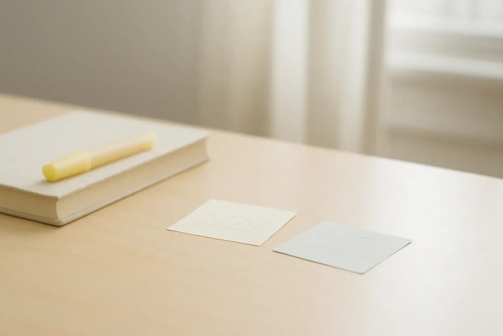 Minimal desk with a closed book and highlighter beside two blurred sticky notes
