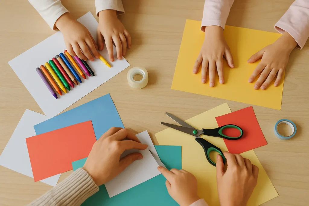 Overhead view of a family craft table—colorful paper, crayons, tape, scissors—and kids’ and mom’s hands reaching in.
