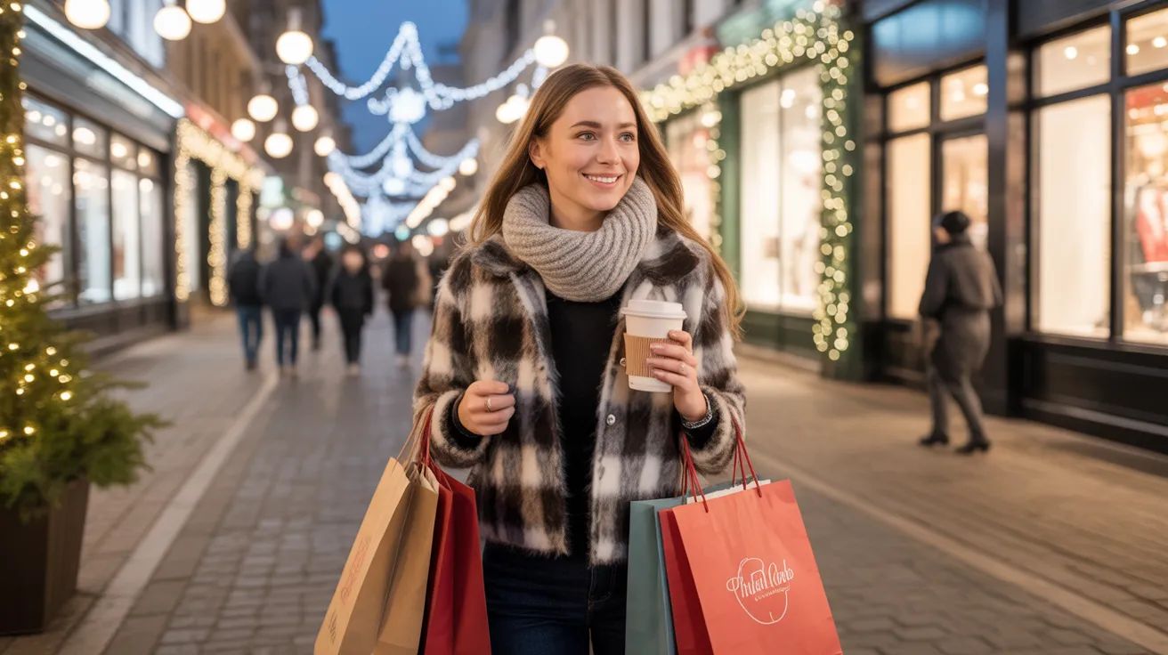 Smiling woman walking through a festive shopping street with bags and coffee, showing How to Generate Holiday Shopping Cash and Money while staying on budget.