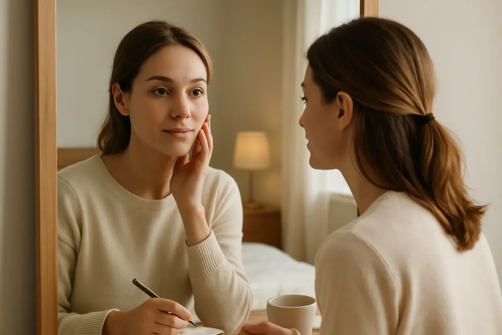 woman gently touching her face while looking at her own reflection in the mirror, reflecting on self-improvement without changing who she is