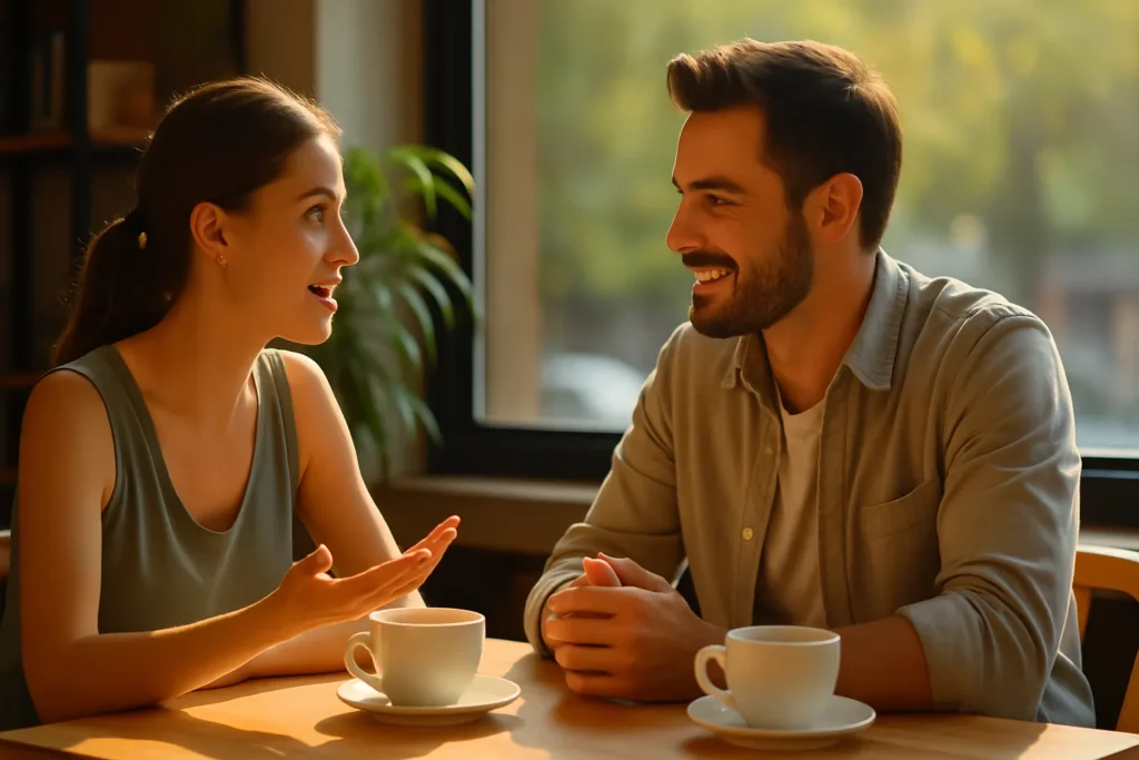 man and woman sitting at a café table with coffee, smiling and taking turns talking as they share an easy conversation depicting how to talk to people.