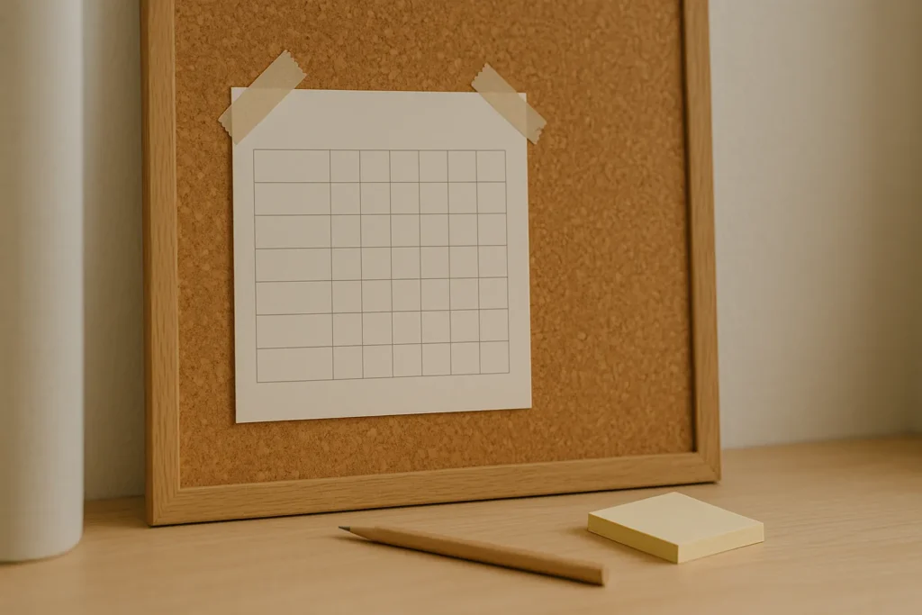 Horizontal photo of a cork board with a blank habit-tracker grid taped up, a wooden pencil and small stack of sticky notes on the desk; warm natural light, no people, no text.

