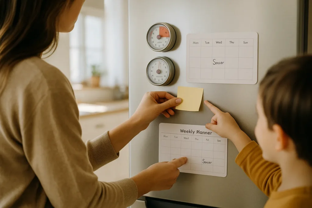 Mom places a blank yellow sticky note on the family fridge calendar while her child points, with magnetic timers nearby.
