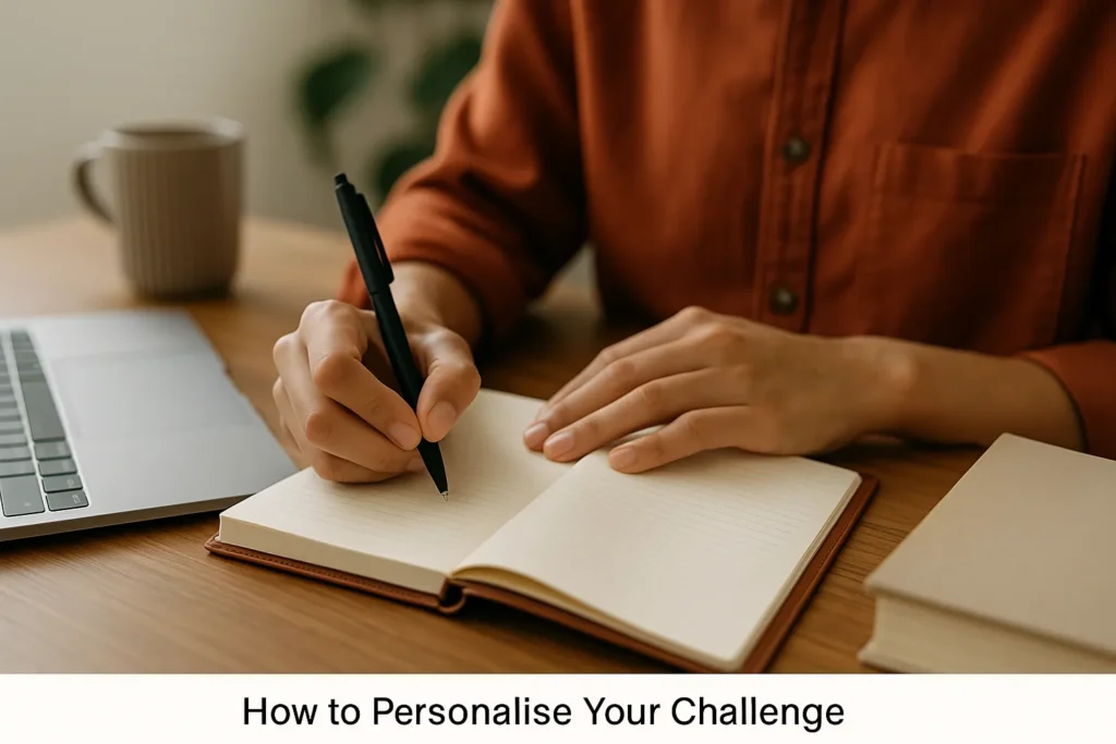 person in a rust-coloured shirt writing in an open notebook at a wooden table with a laptop and coffee mug nearby, customising their personal 75 day challenge plan