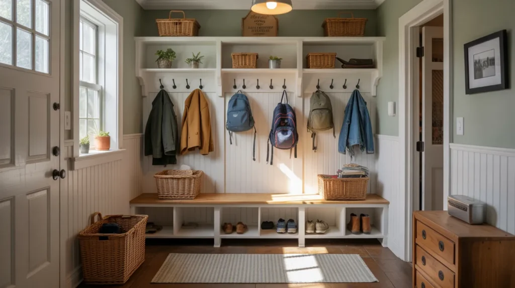 eal-life family mudroom with a few jackets, backpacks, and shoes neatly contained on hooks, bench, and baskets, showing beginner-friendly Ideas for a Farmhouse Mudroom that still feels cozy and lived-in.