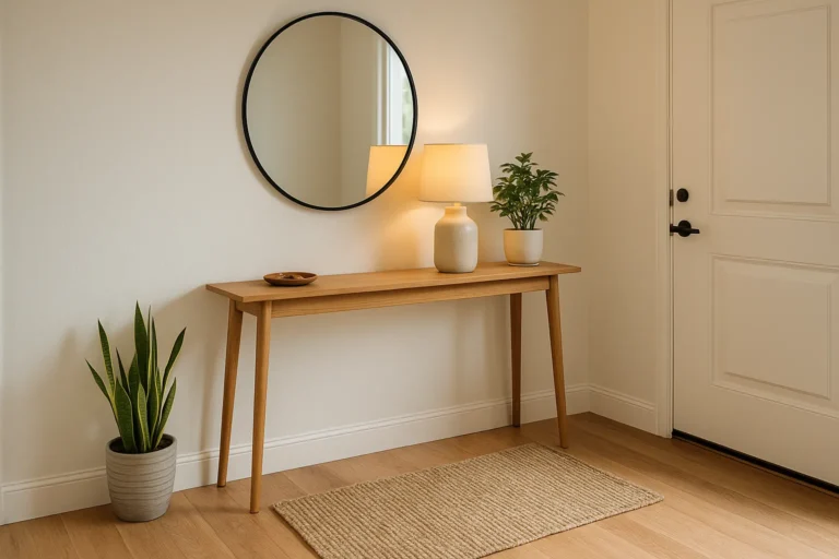 A bright, cozy foyer showing how to style your entryway with a console table, mirror, rug, and plant so it feels instantly welcoming.