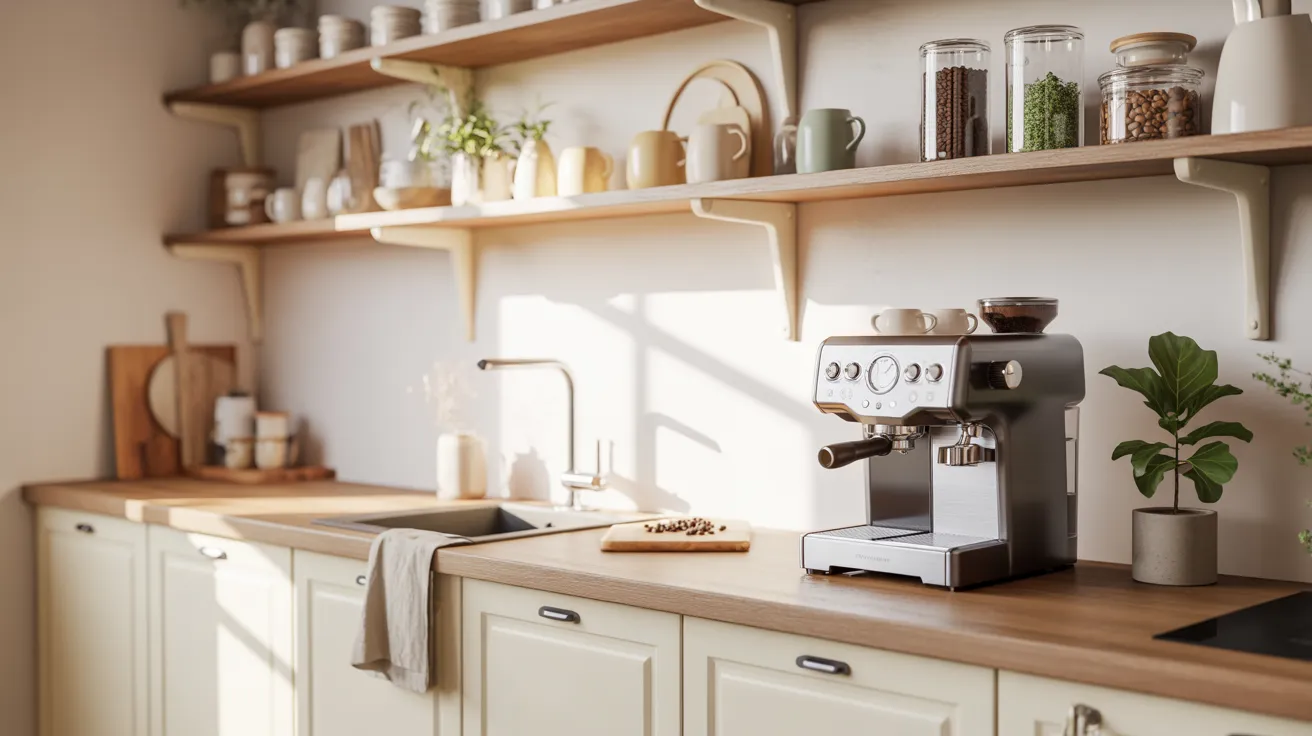 A bright, cozy kitchen with open shelves, pretty mugs, and a coffee station styled to look like a boutique cafe at home, showing how to style your kitchen like a boutique cafe.