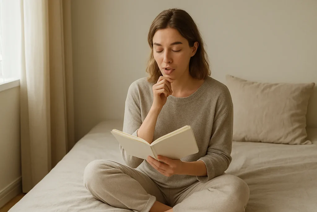 woman sitting cross legged on her bed in a soft sunlit room quietly repeating money affirmations from her notebook
