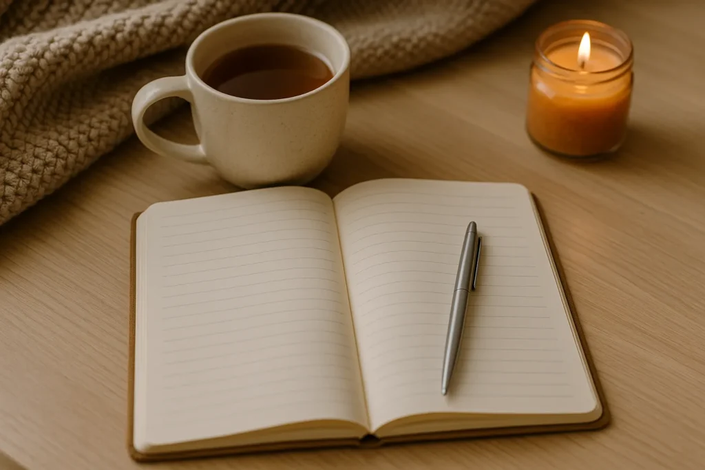 cozy flat lay of an open notebook with a pen, tea, blanket, and candle showing a woman gently reflecting on her life and wake up calls