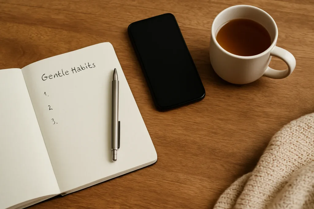 flat lay of notebook, pen, and tea showing someone planning gentle self-improvement habits
