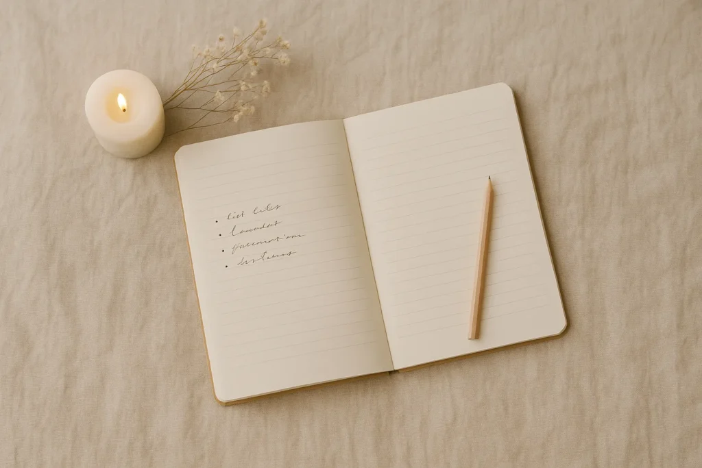 flat lay of a journal and candle creating a calm moment for self-reflection
