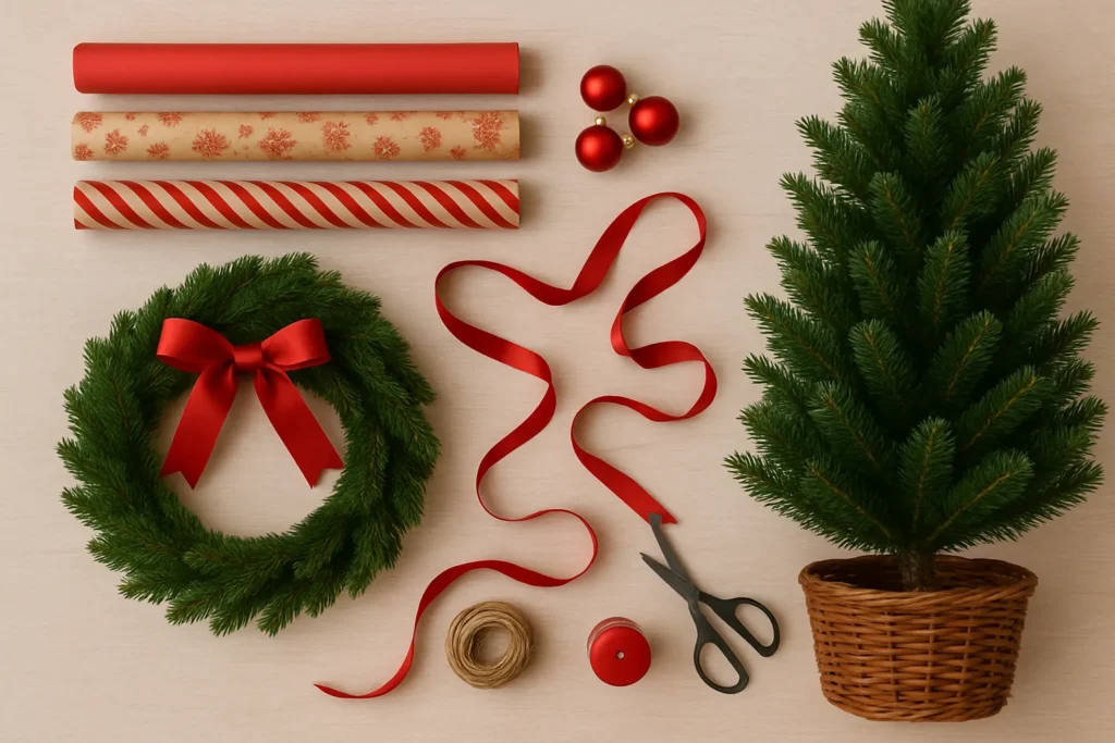 Planning festive Christmas tree ideas with ribbons, ornaments and garlands laid out on a table.