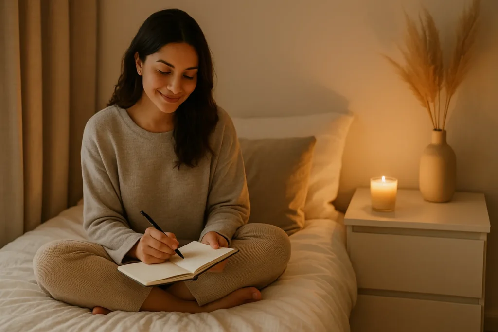 woman sitting cross-legged on her bed in soft evening light, journaling by candlelight with a relaxed smile as she gently reflects on which positive habits to keep in her life