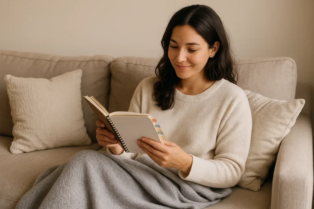 woman sitting on a cozy sofa with a blanket over her legs, smiling softly while reading a tabbed notebook like a menu of gentle life hacks