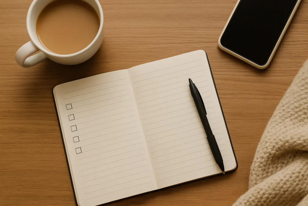 flat lay of journal, pen, and warm drink showing how to plan simple morning routine ideas